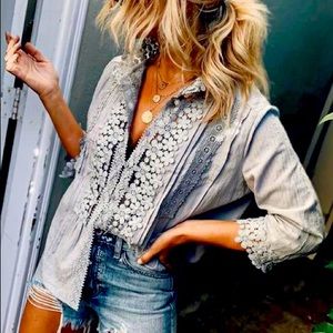 Eyelet Lace Button Down Blouse in Grey